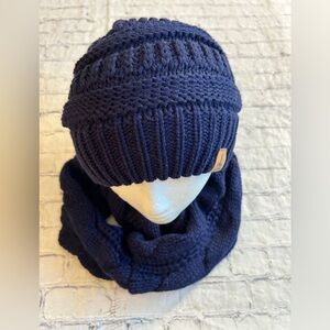 LOROME NAVY CABLE KNIT POM BEANIE WITH MUFFLER INFINITY MATCHING SCARF LARGE